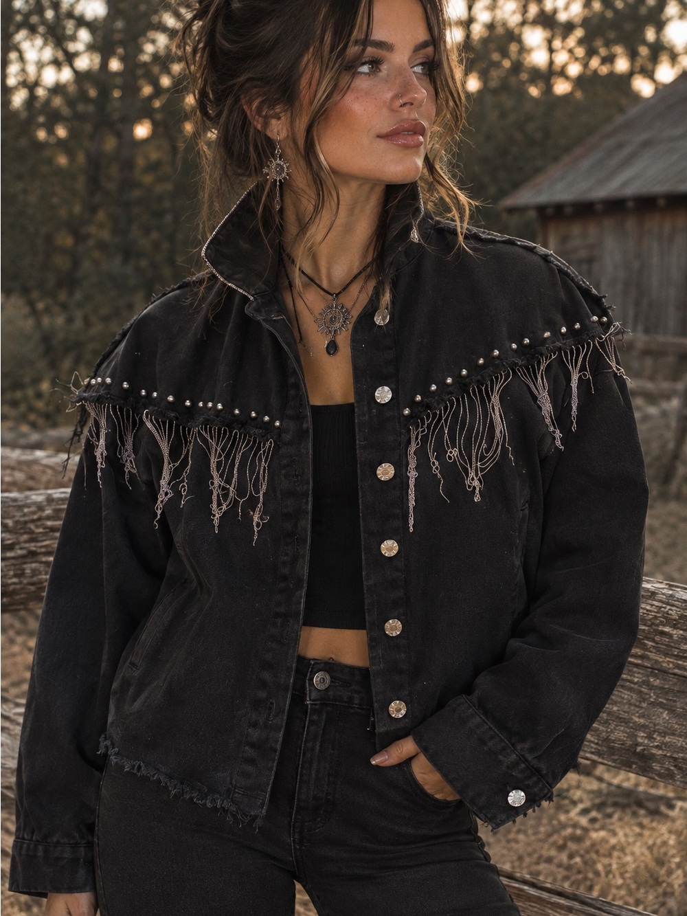 Black Denim Fringe Jacket Size L Studded Western Y2K Edgy